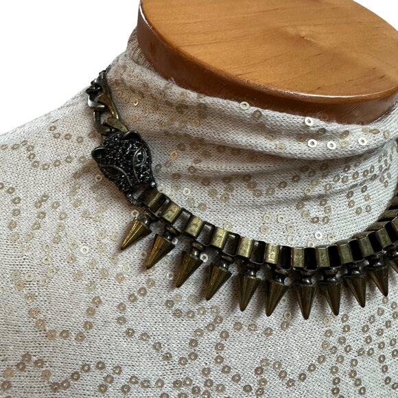 Natasha Spiked Leopard Head Choker Necklace Chunky Brass Tone Goth Punk Y2K - Picture 2 of 10